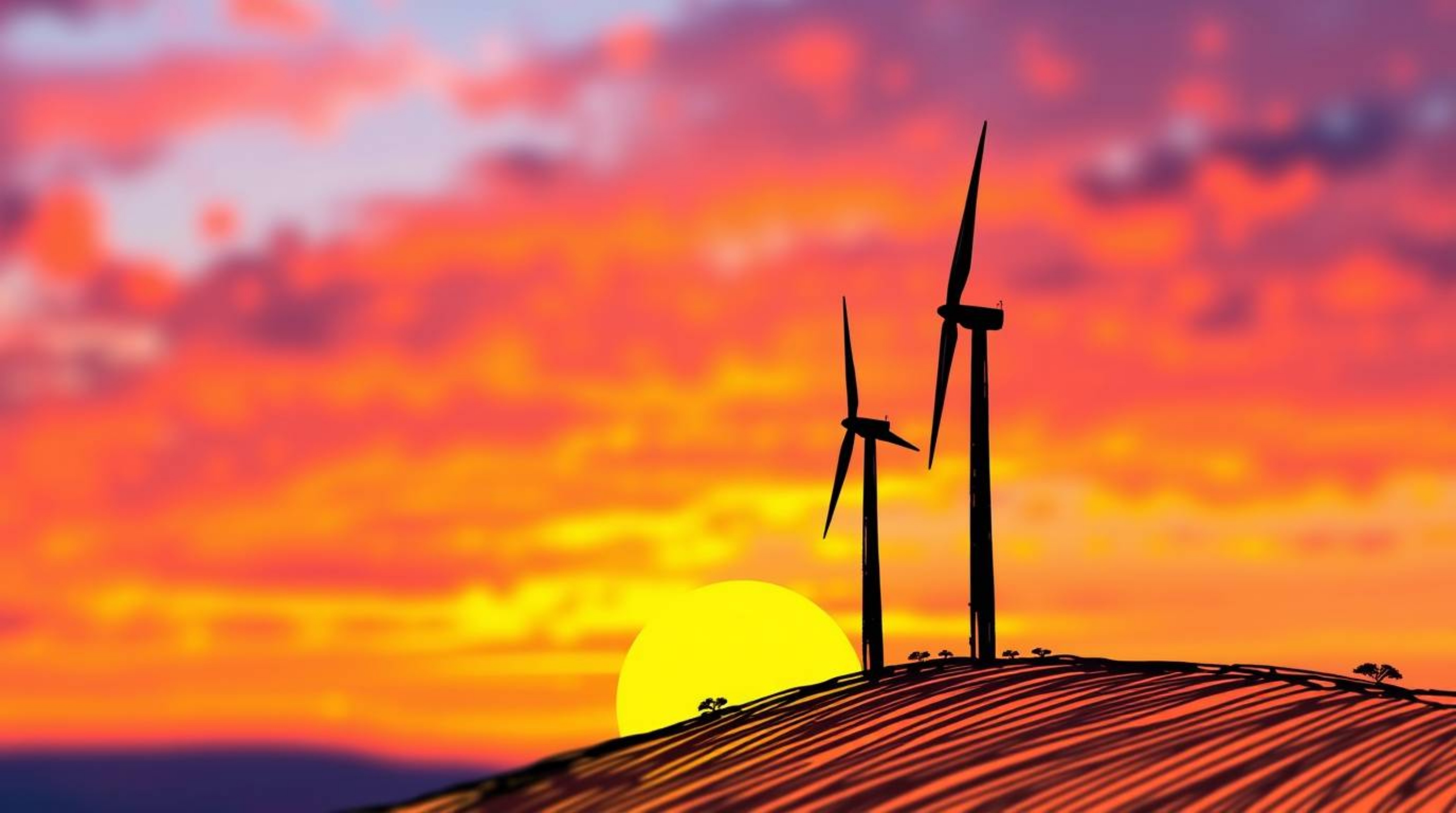 A captivating color sketchnote style illustration showcasing hand-drawn wind turbines silhouetted against a vibrant sunset on