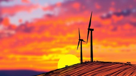A captivating color sketchnote style illustration showcasing hand-drawn wind turbines silhouetted against a vibrant sunset on