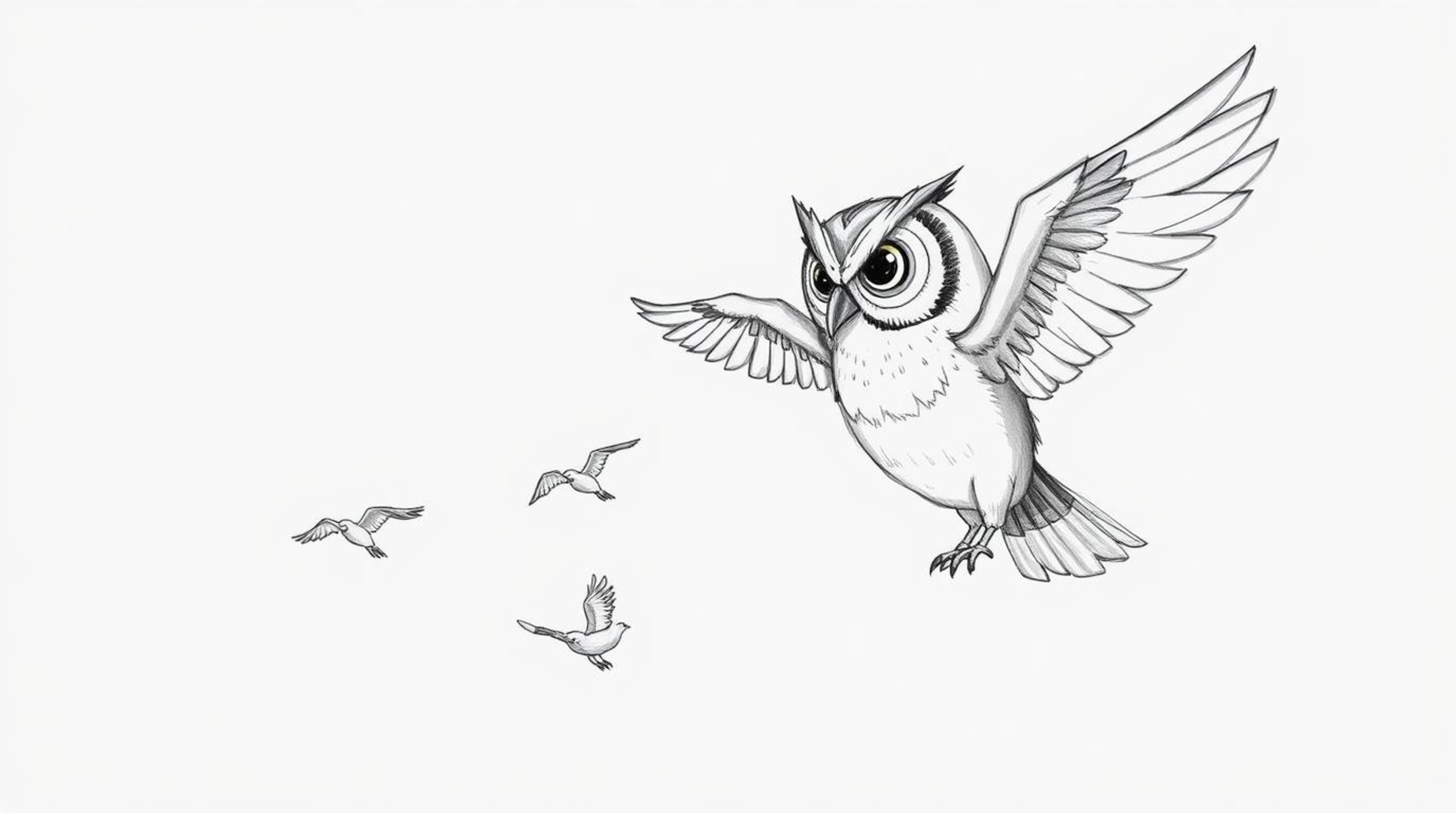 A heartwarming hand-drawn sketch depicts a blind owl, rendered in a Pixar-esque style, with sunlit and glowing feathers.  Thi