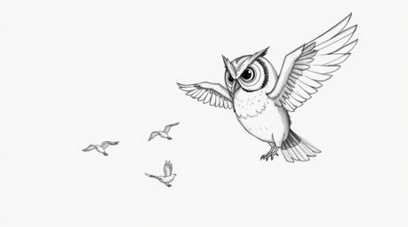 A heartwarming hand-drawn sketch depicts a blind owl, rendered in a Pixar-esque style, with sunlit and glowing feathers.  Thi
