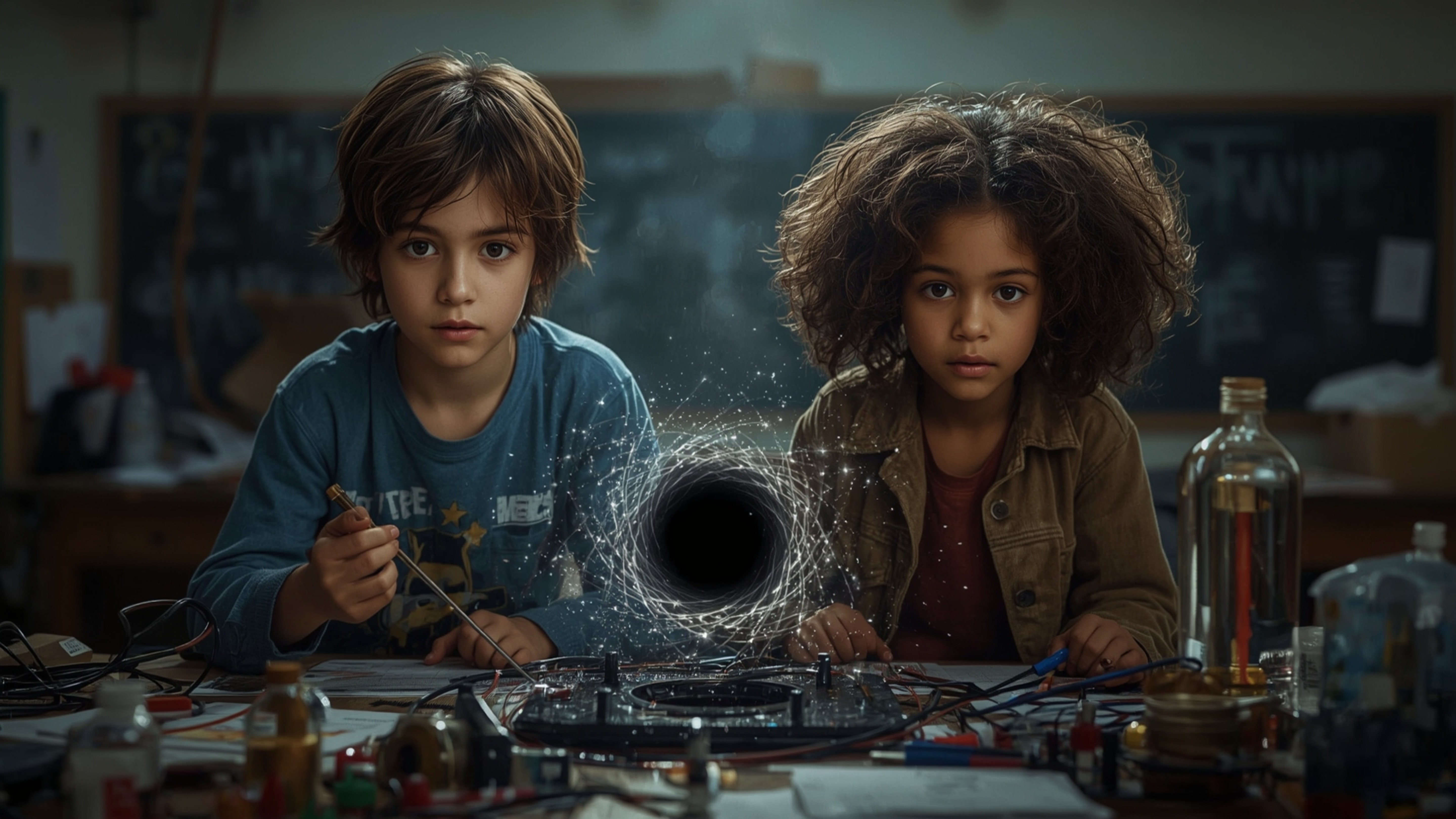 A cinematic photograph captures a dynamic science fair duo—a curious boy with messy brown hair and a brilliant girl with Afro