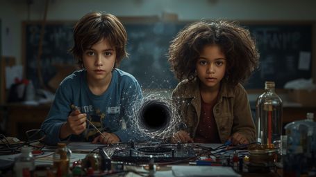 A cinematic photograph captures a dynamic science fair duo—a curious boy with messy brown hair and a brilliant girl with Afro