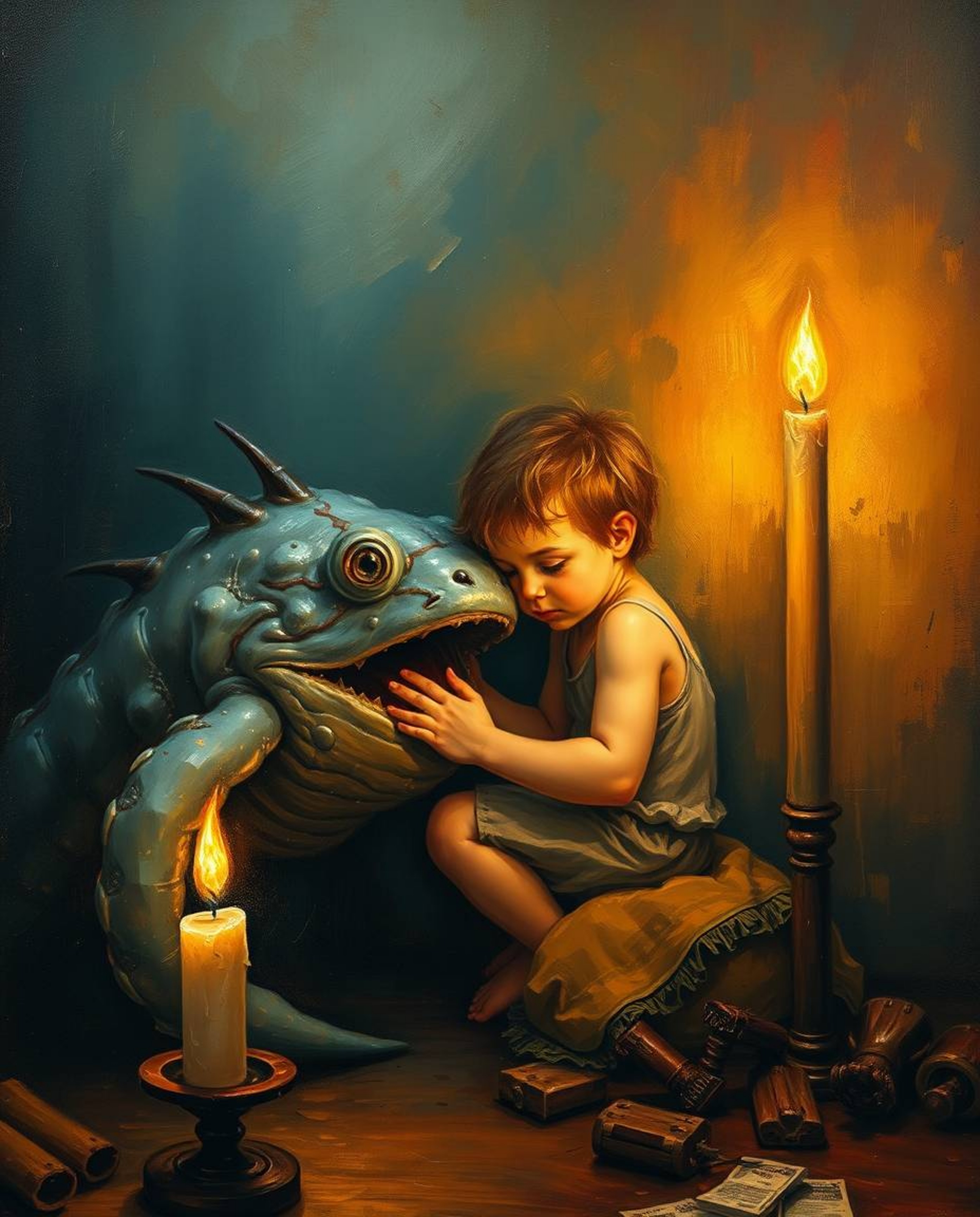 A captivating classic oil painting depicts a heartwarming friendship between a child and a whimsical sea creature.  Bathed in