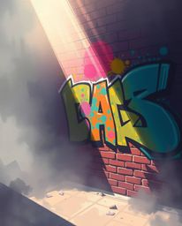 A captivating digital sketch showcases vibrant graffiti-style splashes on a brick wall.  The piece employs loose painterly st