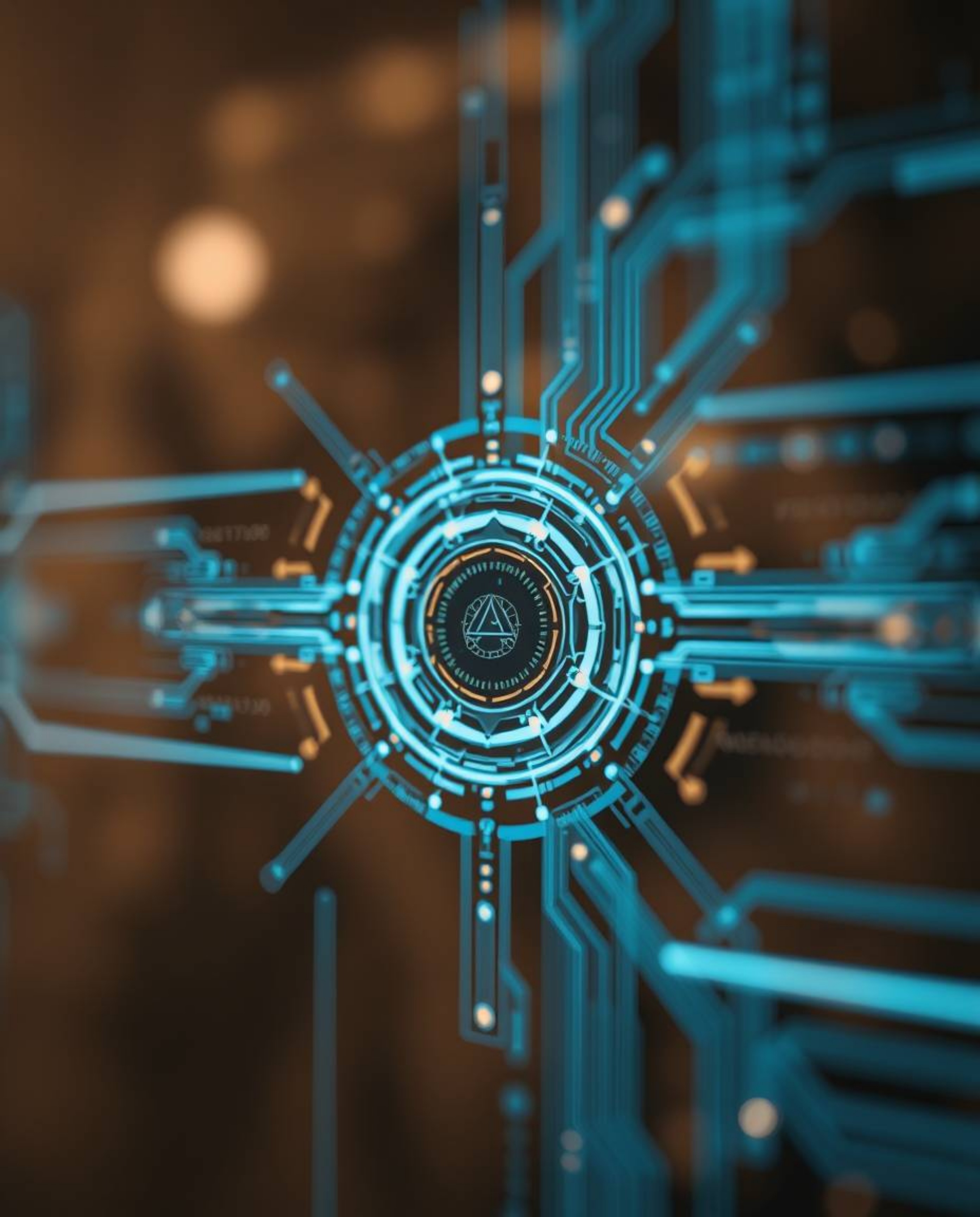 This image features a striking blurred bokeh effect, drawing focus to a sharply detailed, futuristic digital interface. The i