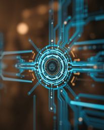 This image features a striking blurred bokeh effect, drawing focus to a sharply detailed, futuristic digital interface. The i