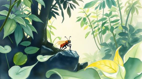 A delicate watercolor painting captures the wonder of a bug-sized hero's exploration through a vibrant backyard jungle.  The 