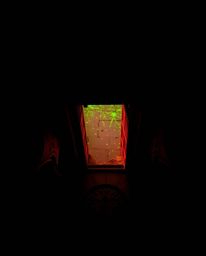 A striking image showcasing an ancient doorway, either set against an intense jet black background viewed from a bird's-eye p