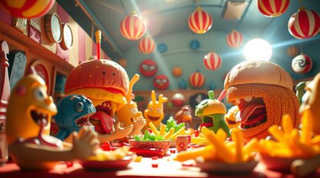 A vibrant and chaotic cartoon cafeteria food fight explodes with sculpted and textured layers of papier-mâché, illuminated by