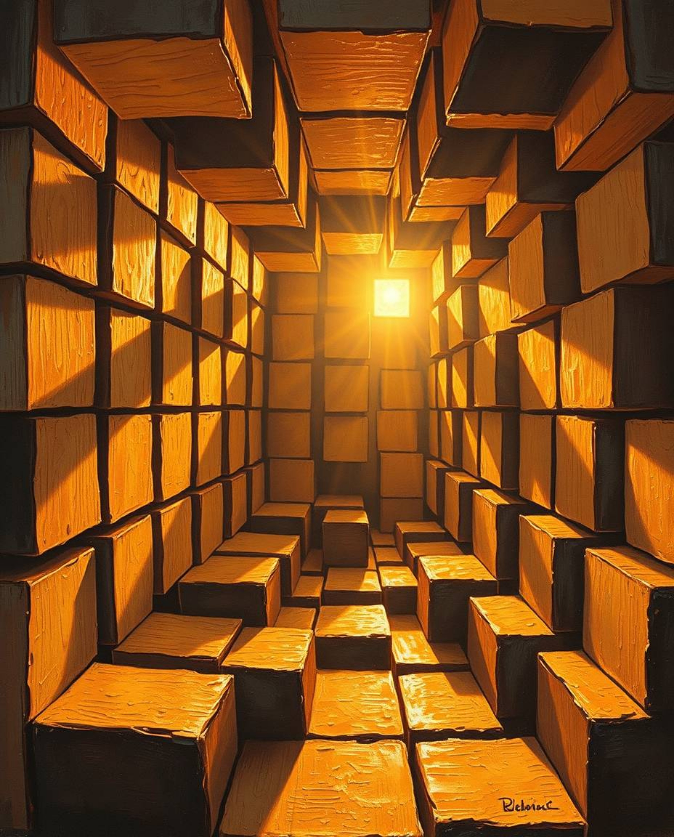 A warm and inviting classic oil painting bathed in golden hour light, showcasing a mesmerizing repetitive cube pattern in the