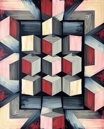A bold and vibrant acrylic painting showcasing a repetitive cube pattern in the style of Escher's impossible geometry.  The d