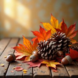 Capture the essence of autumn with a rustic still life. A weathered wooden table, boasting a warm golden-brown patina, become