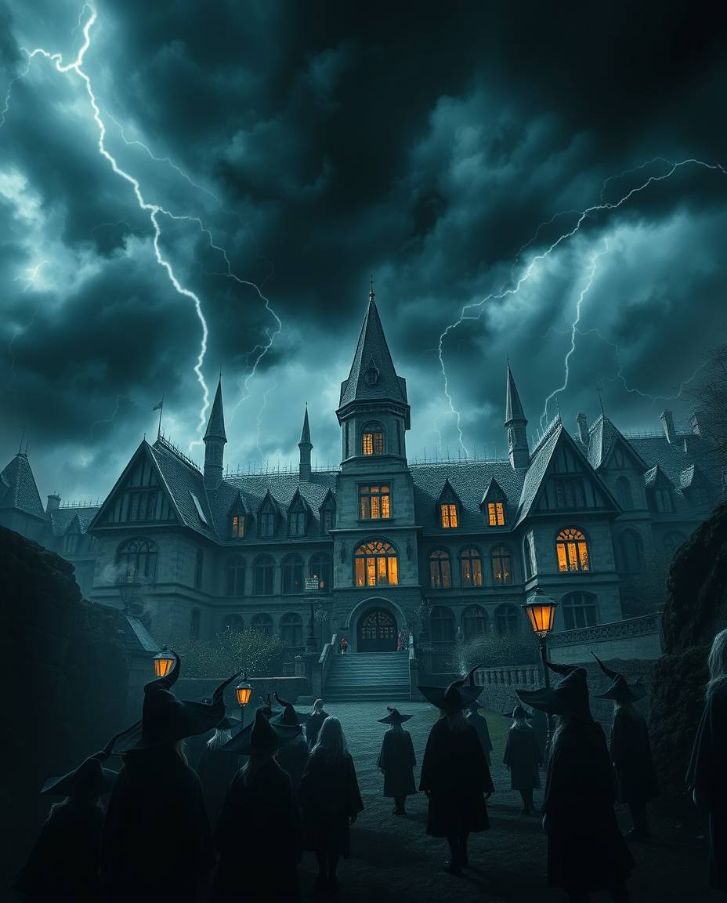 Discover a captivating image of a magical school brimming with young wizards.  The scene is dramatically set against a jet-bl