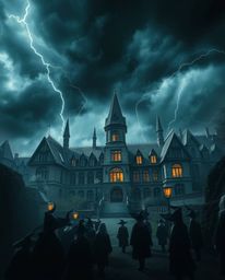 Discover a captivating image of a magical school brimming with young wizards. The scene is dramatically set against a jet-bl