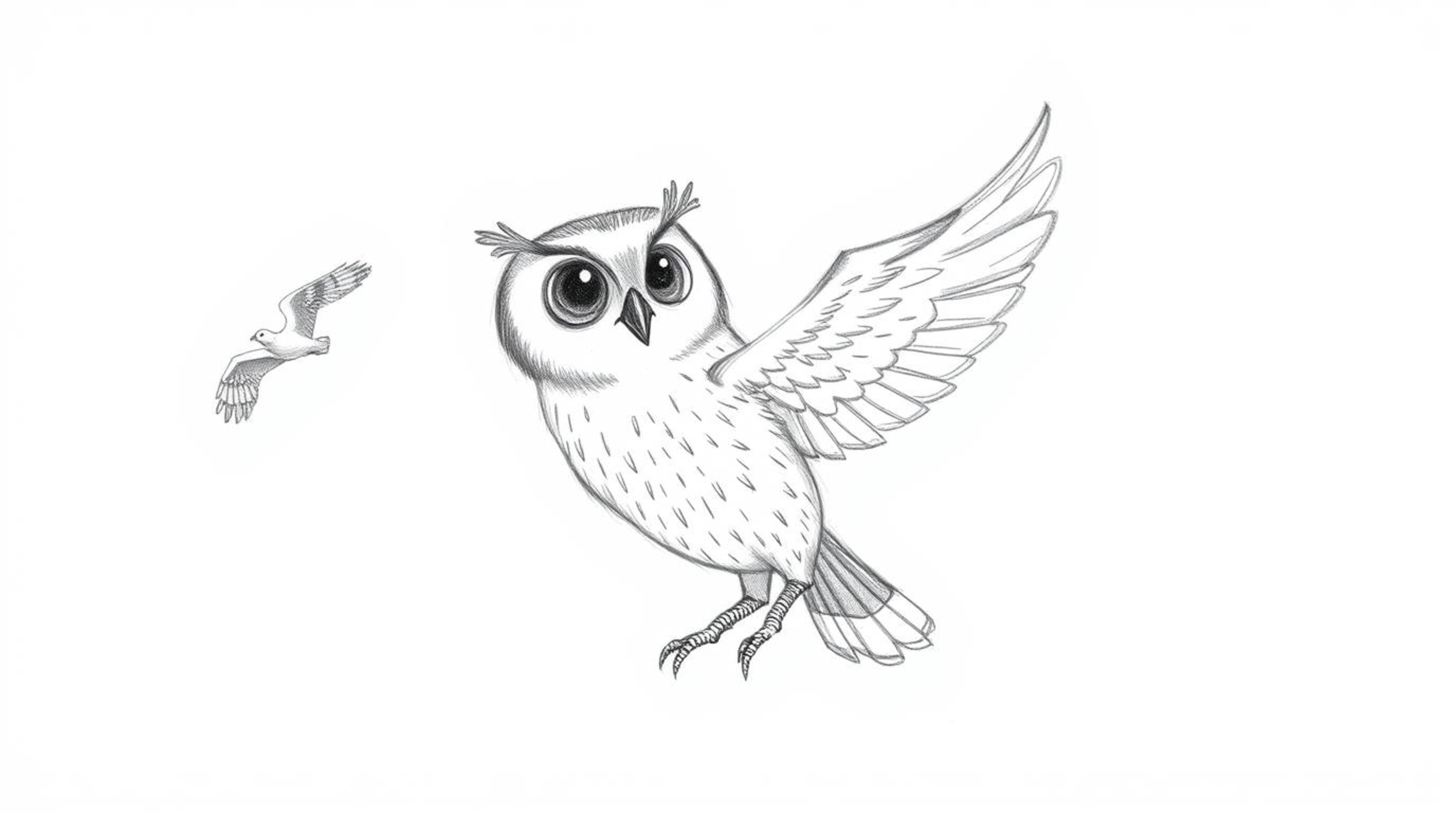 A heartwarming hand-drawn sketch in the style of Pixar depicts a blind owl, rendered with rough, textured pencil strokes. The