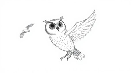 A heartwarming hand-drawn sketch in the style of Pixar depicts a blind owl, rendered with rough, textured pencil strokes. The