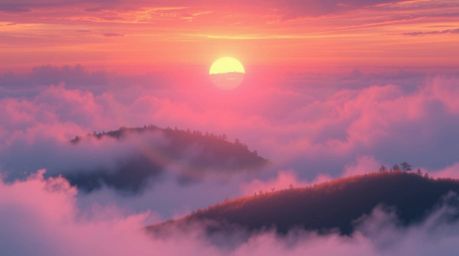 A breathtaking Isekai anime-style image showcasing fog-laden hills bathed in the warm hues of a setting sun, creating an ethe