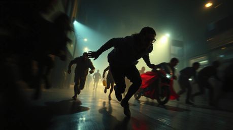 Experience a dynamic chase scene brought to life with contrasting chiaroscuro lighting and shimmering iridescent colors. The 