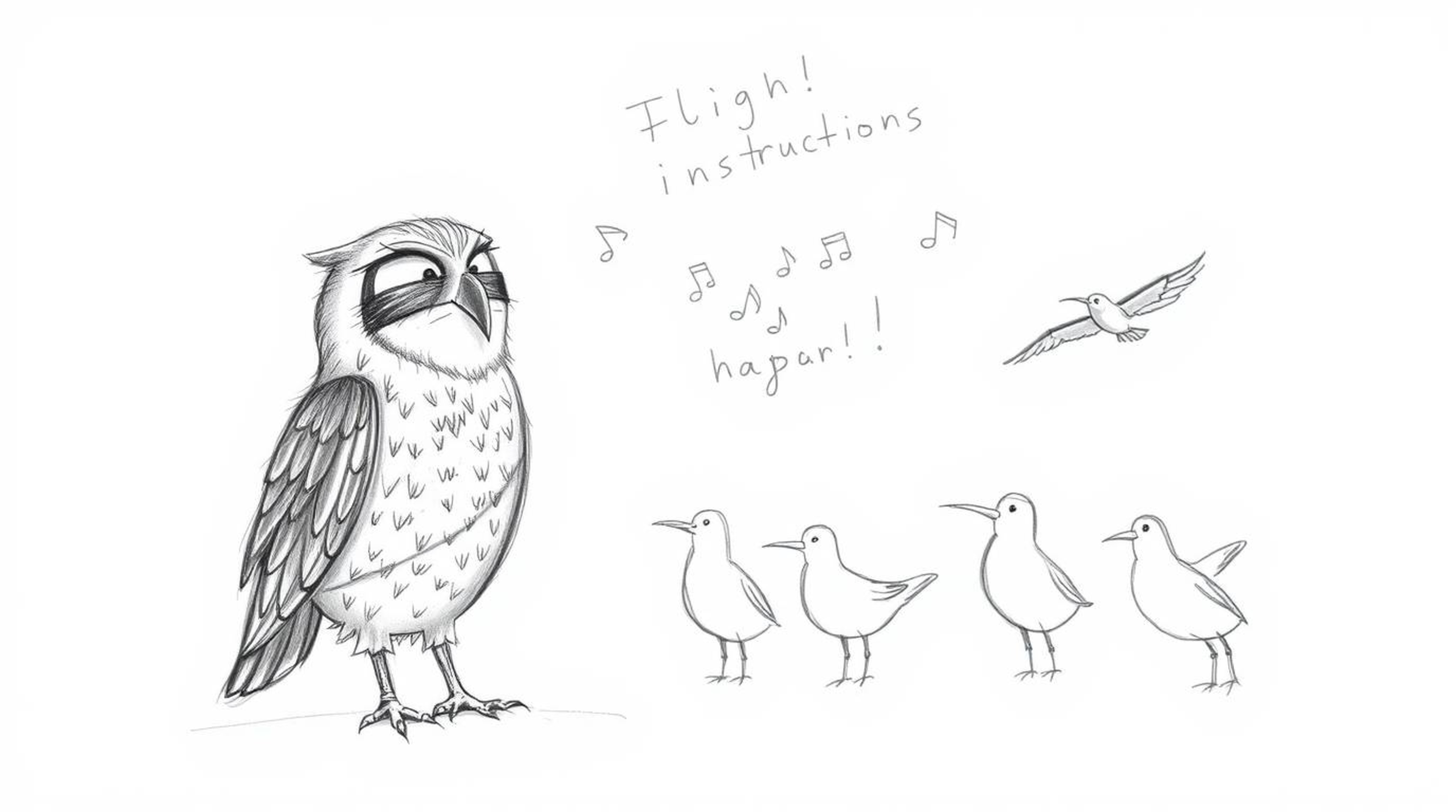 A whimsical hand-drawn sketch in the style of Pixar depicts a wise, blind owl with beautifully textured feathers. This unique