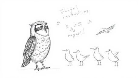 A whimsical hand-drawn sketch in the style of Pixar depicts a wise, blind owl with beautifully textured feathers. This unique