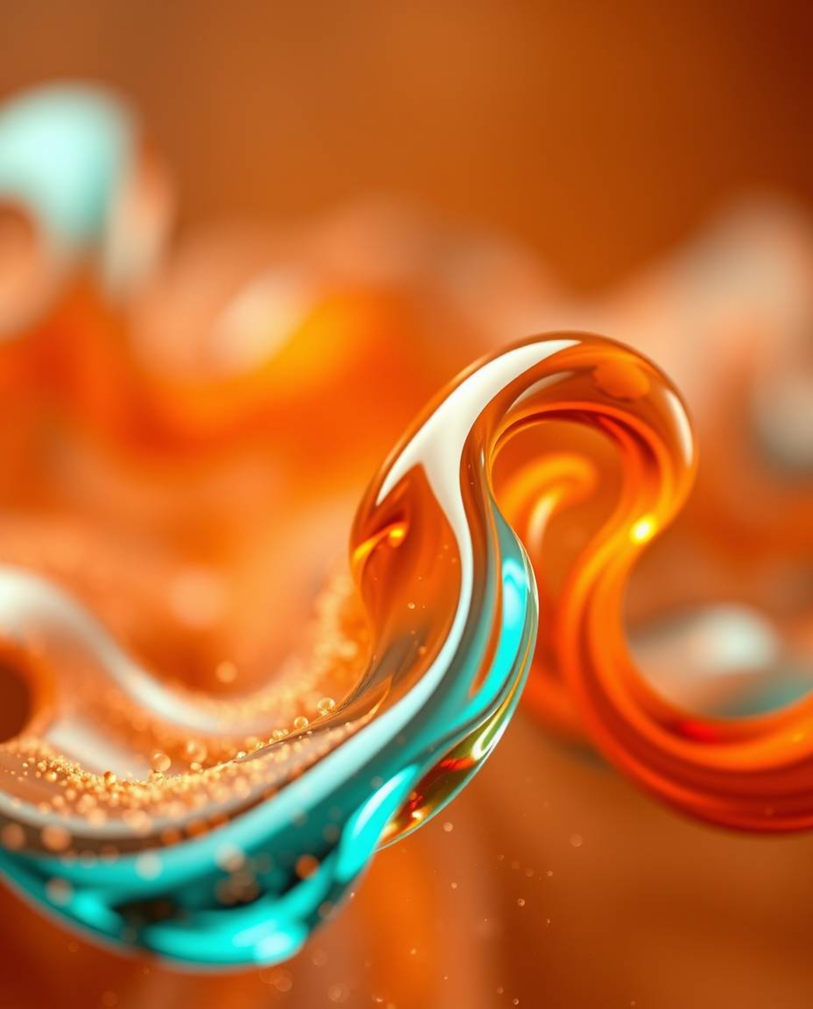 Glassy fluid 3D shapes in constant motion, surrounded by mesmerizing glowing particles create a dynamic and visually captivat
