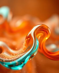 Glassy fluid 3D shapes in constant motion, surrounded by mesmerizing glowing particles create a dynamic and visually captivat