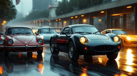 Experience a sophisticated and elegant wacky racing scene, featuring outlandish cars navigating a wet and rainy environment. 