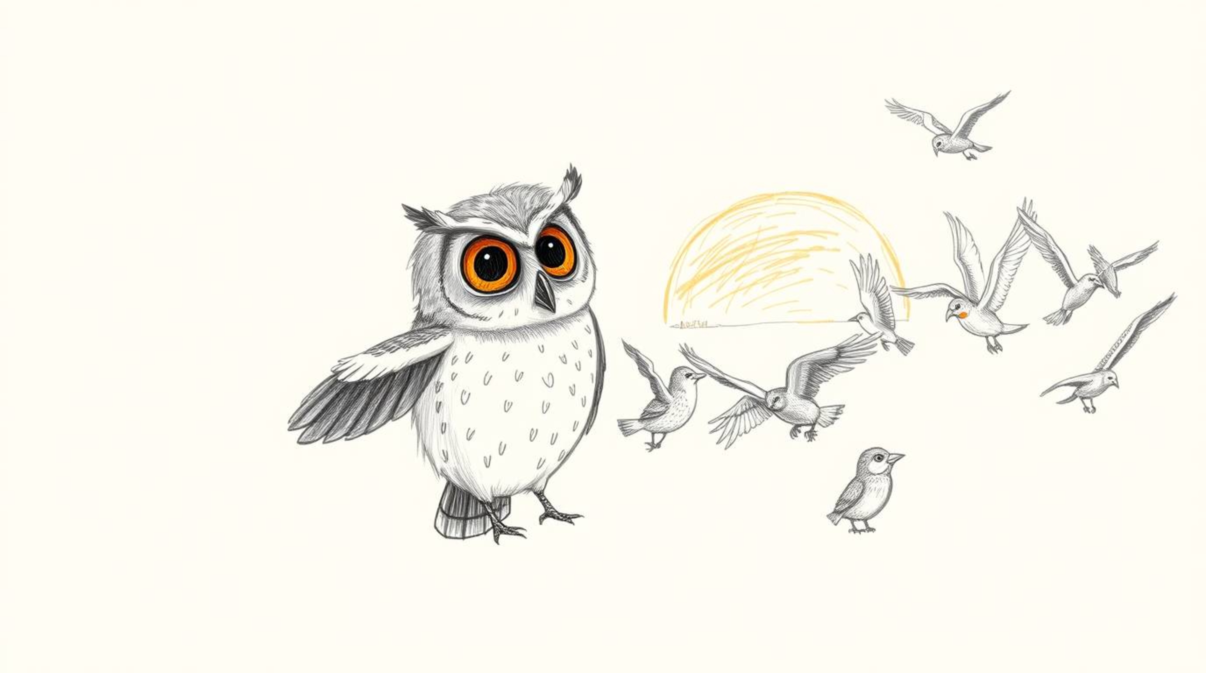 A heartwarming hand-drawn sketch in the style of Pixar, depicting a wise, blind owl with soft, feathery textures leading a di