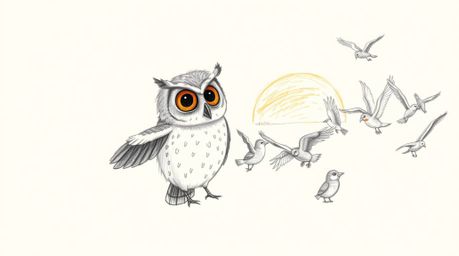A heartwarming hand-drawn sketch in the style of Pixar, depicting a wise, blind owl with soft, feathery textures leading a di