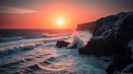 Experience the otherworldly beauty of a surreal infrared image capturing waves crashing against dramatic cliffs beneath a bla