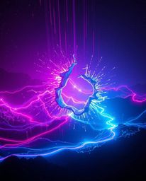 A mesmerizing depiction of a glowing, bioluminescent digital glitch landscape breaking apart with vibrant light trails. This 