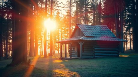 Capture the serene beauty of an old wooden cabin nestled in the woods at sunset with this high-resolution stock photo. The im