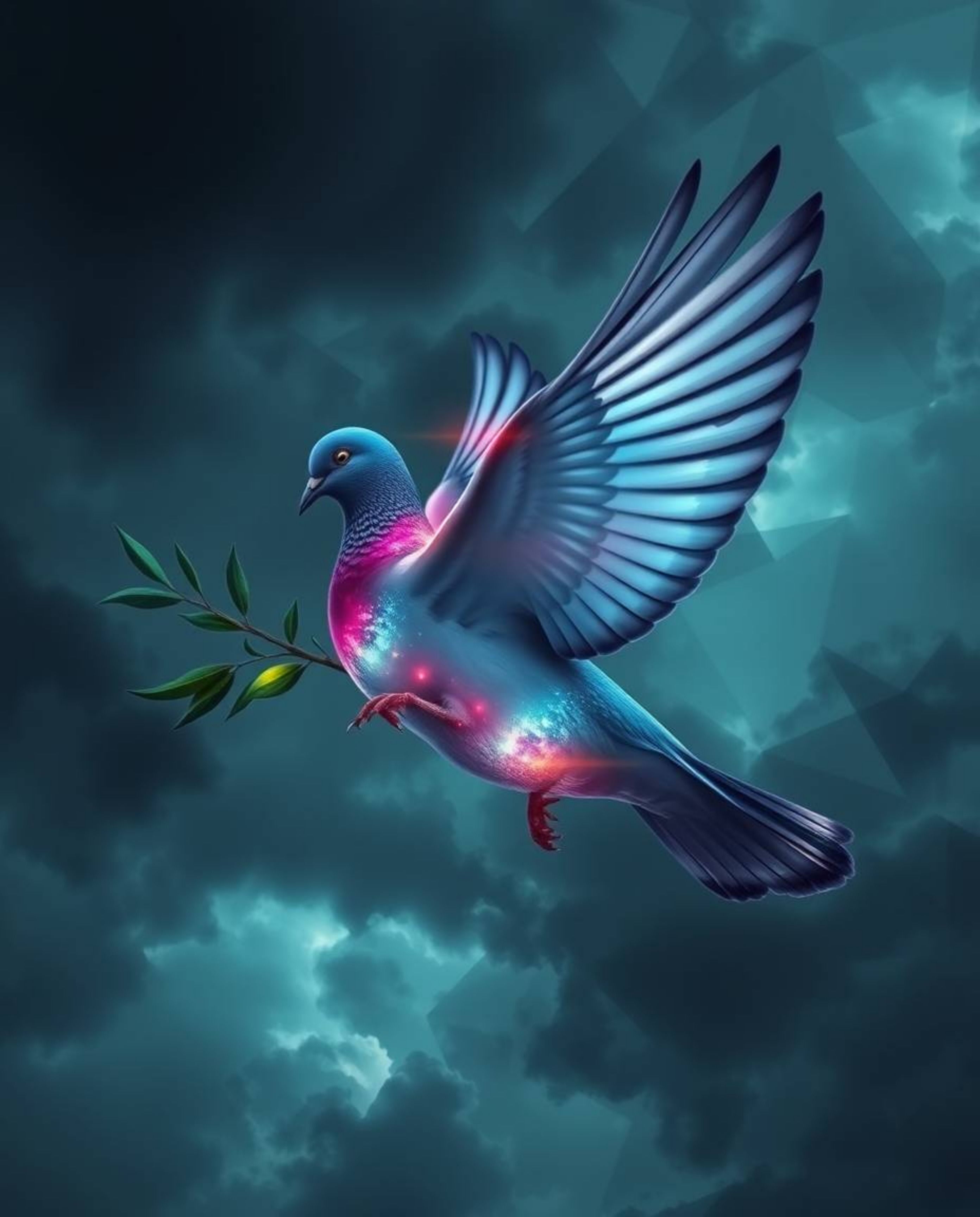 A captivating digital art piece depicts a bioluminescent dove, radiating vibrant colors, carrying an olive branch amidst a dr