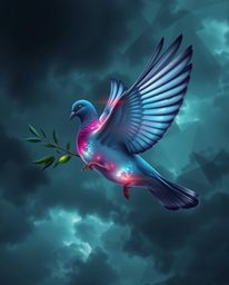 A captivating digital art piece depicts a bioluminescent dove, radiating vibrant colors, carrying an olive branch amidst a dr
