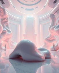 A captivating blend of modern and futuristic elements, this scene showcases sculptural 3D fluid shapes made of mercury bathed