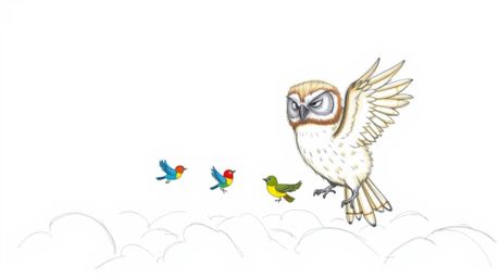 A captivating hand-drawn sketch in Pixar style depicts a blind, wise-looking owl with soft brown feathers teaching small, bri