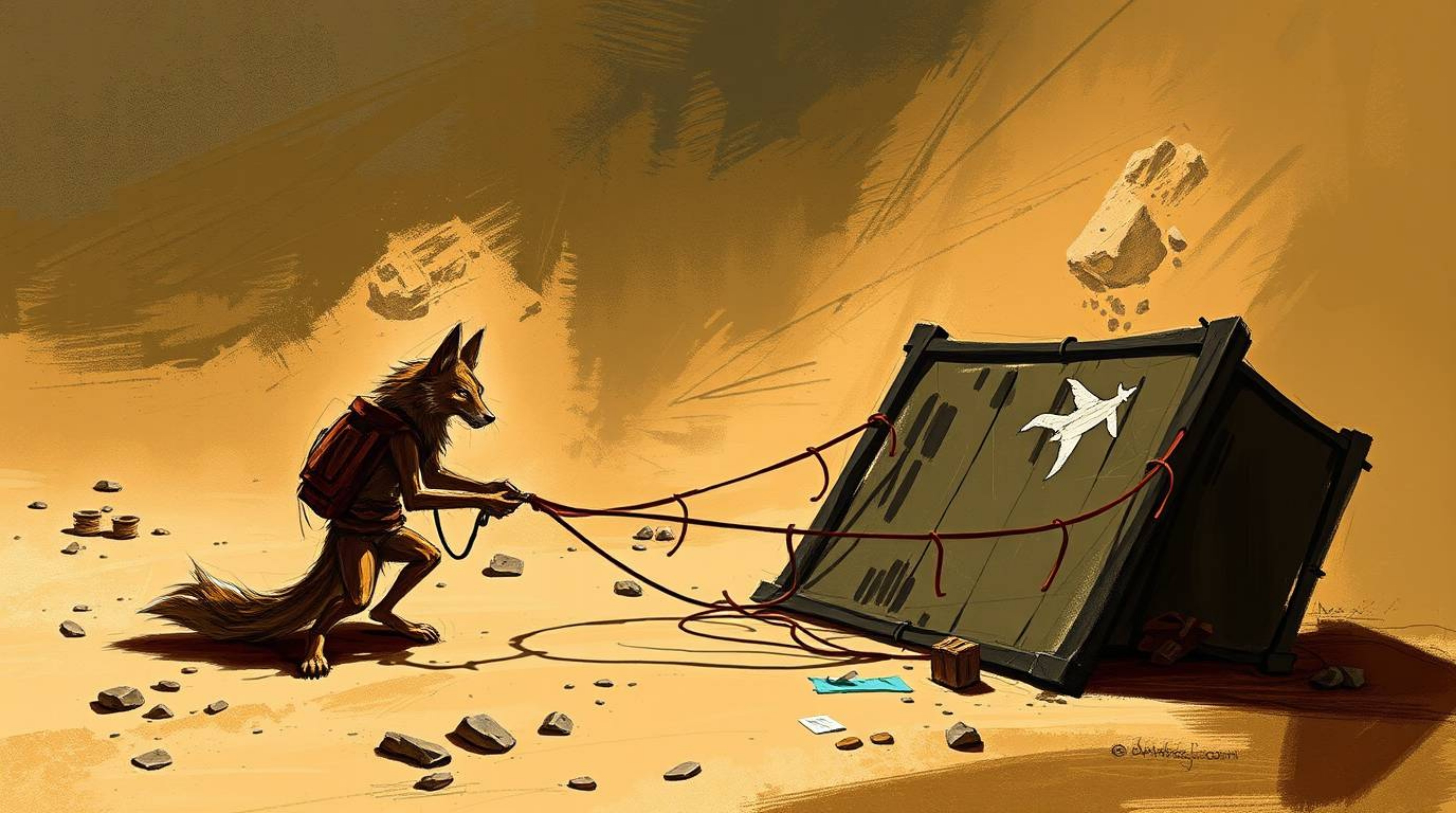 A rough and dynamic digital sketch depicts a coyote in a desert setting, crafting a ridiculous trap. The piece features loose