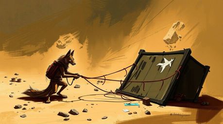 A rough and dynamic digital sketch depicts a coyote in a desert setting, crafting a ridiculous trap. The piece features loose
