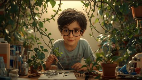 A high-resolution stock photo captures a bright-eyed, bespectacled homeschooled genius with a gentle smile, designed in a Pix