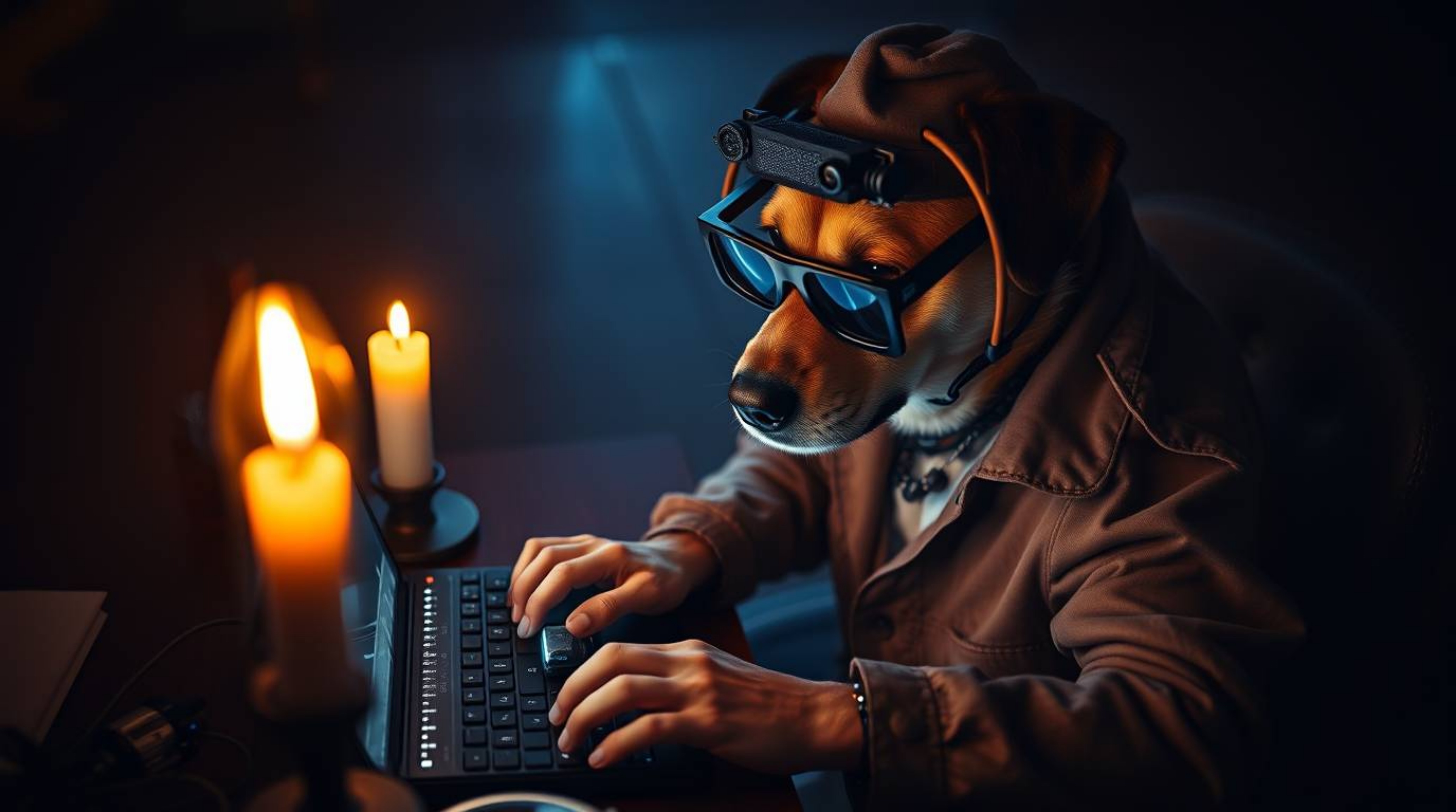 A captivating high-angle photograph showcases a dog detective immersed in solving a mystery. The scene is bathed in the warm 