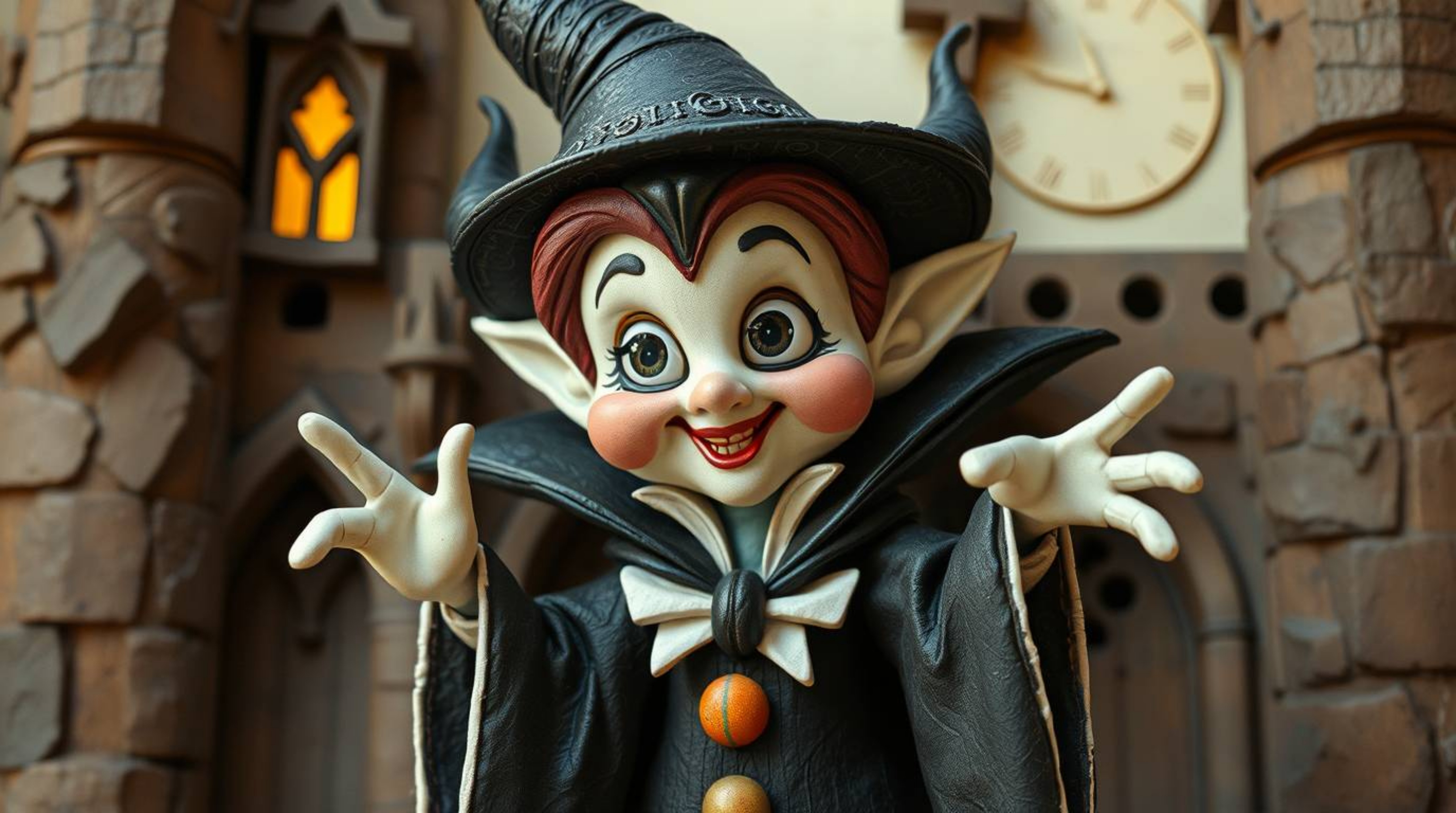 This artwork depicts an adorable and charming classic Disney villain, rendered with cute features, casting a spell within the