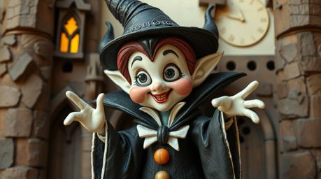 This artwork depicts an adorable and charming classic Disney villain, rendered with cute features, casting a spell within the