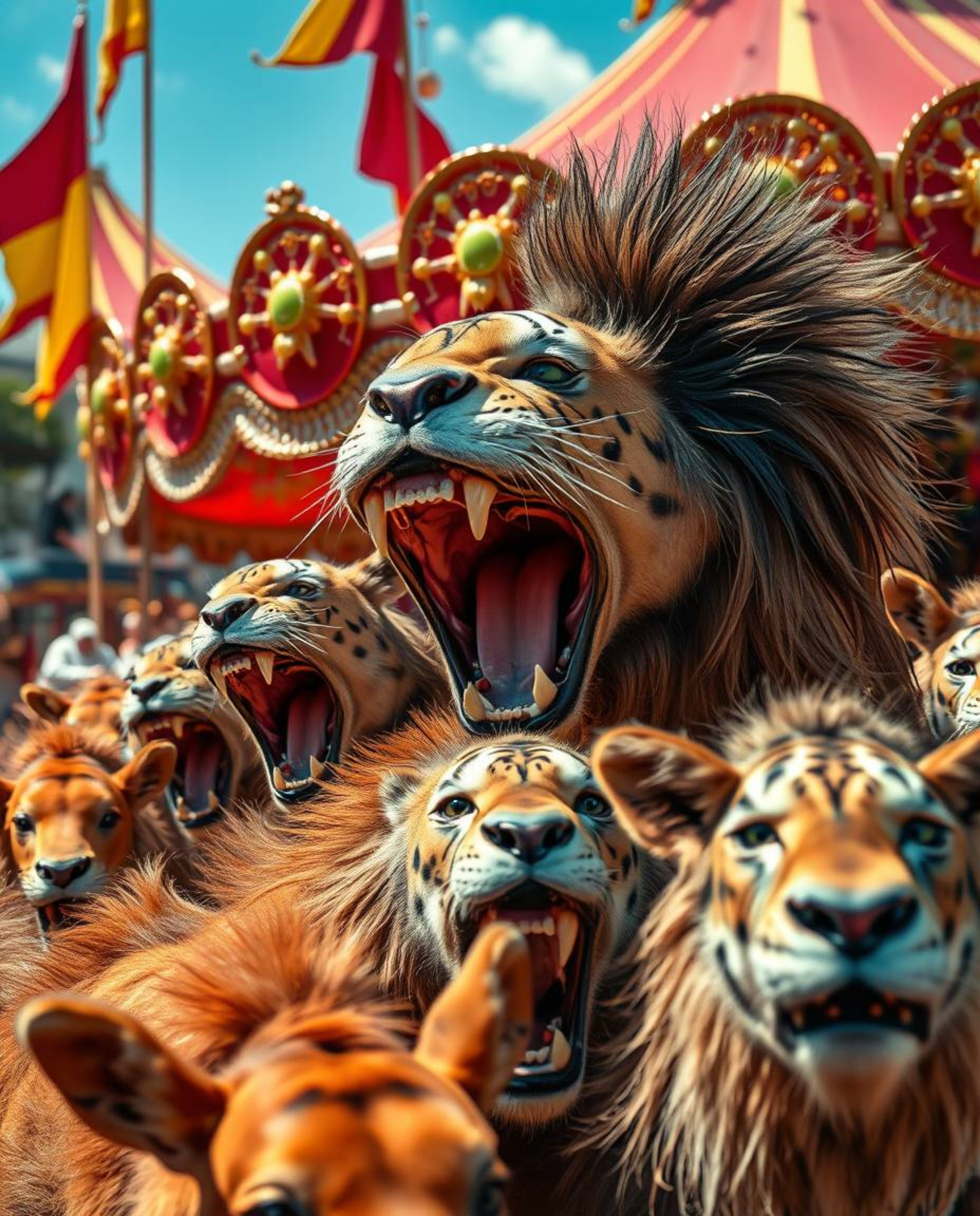 Experience the vibrant chaos of a carnival overrun by wild animals in this high-resolution stock photo. This tight close-up c