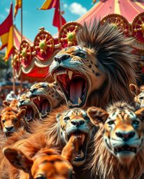 Experience the vibrant chaos of a carnival overrun by wild animals in this high-resolution stock photo. This tight close-up c