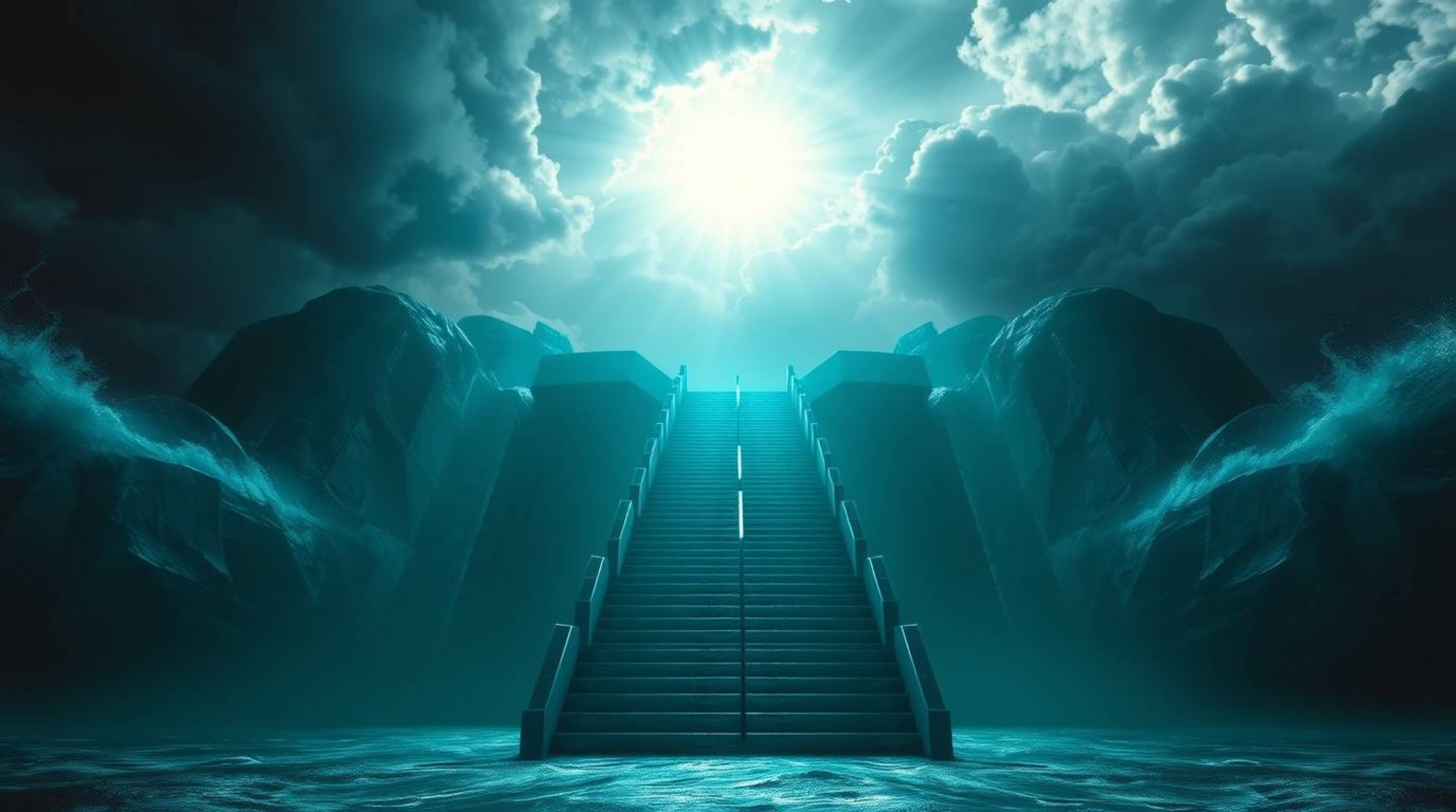 A breathtaking scene unfolds, depicting a grand, deep teal staircase rising dramatically from the ocean towards a sunburst-li