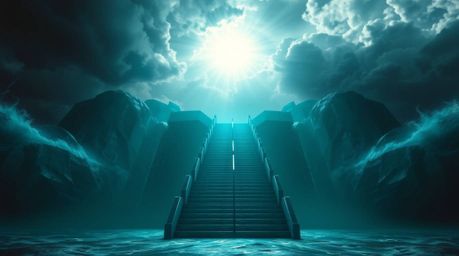 A breathtaking scene unfolds, depicting a grand, deep teal staircase rising dramatically from the ocean towards a sunburst-li