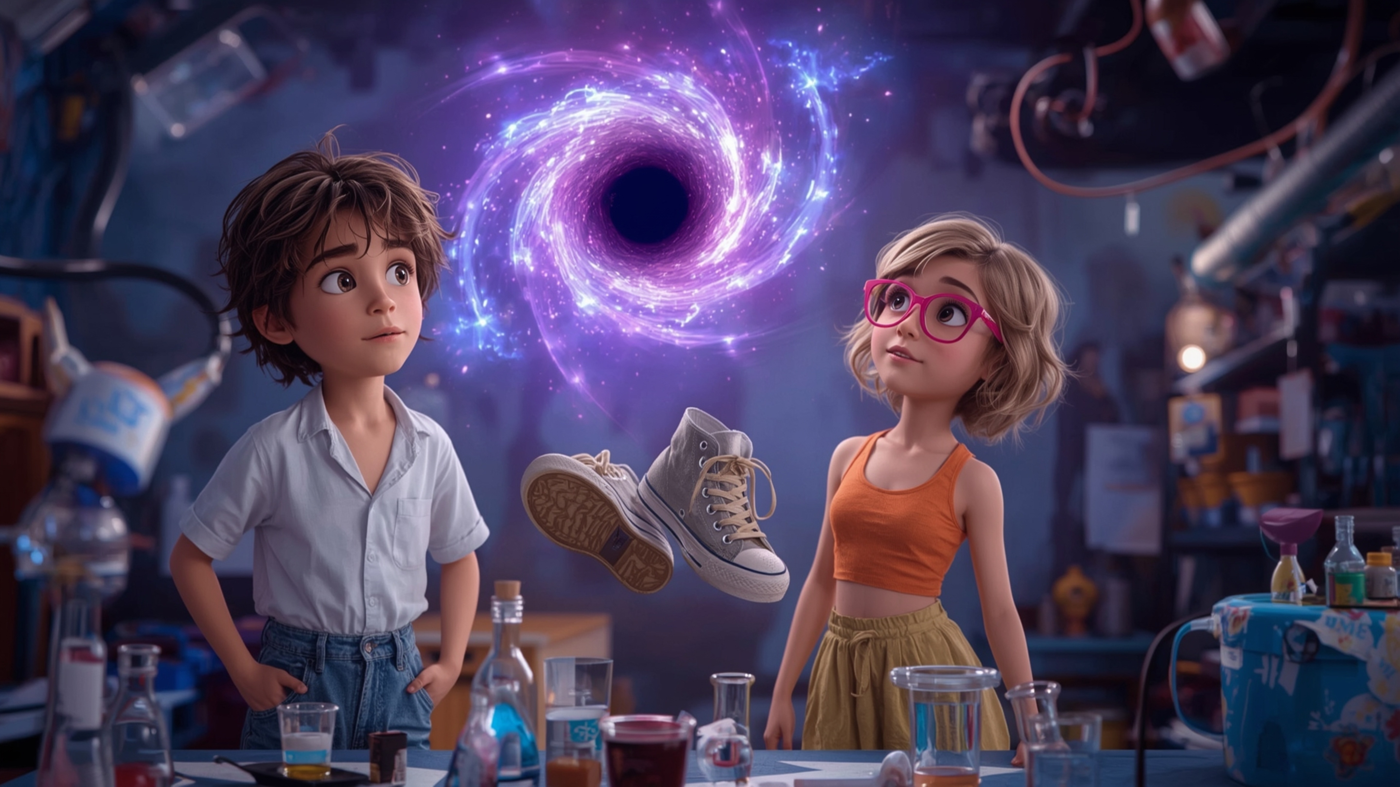 In a vibrant, cinematic photograph rendered in a hyper-realistic, Pixar-inspired style, a dynamic science fair duo unwittingl