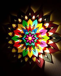 Explore a stunning geometric floral mandala featuring vibrant colors and a symmetric design. Crafted with layered papier-mâch