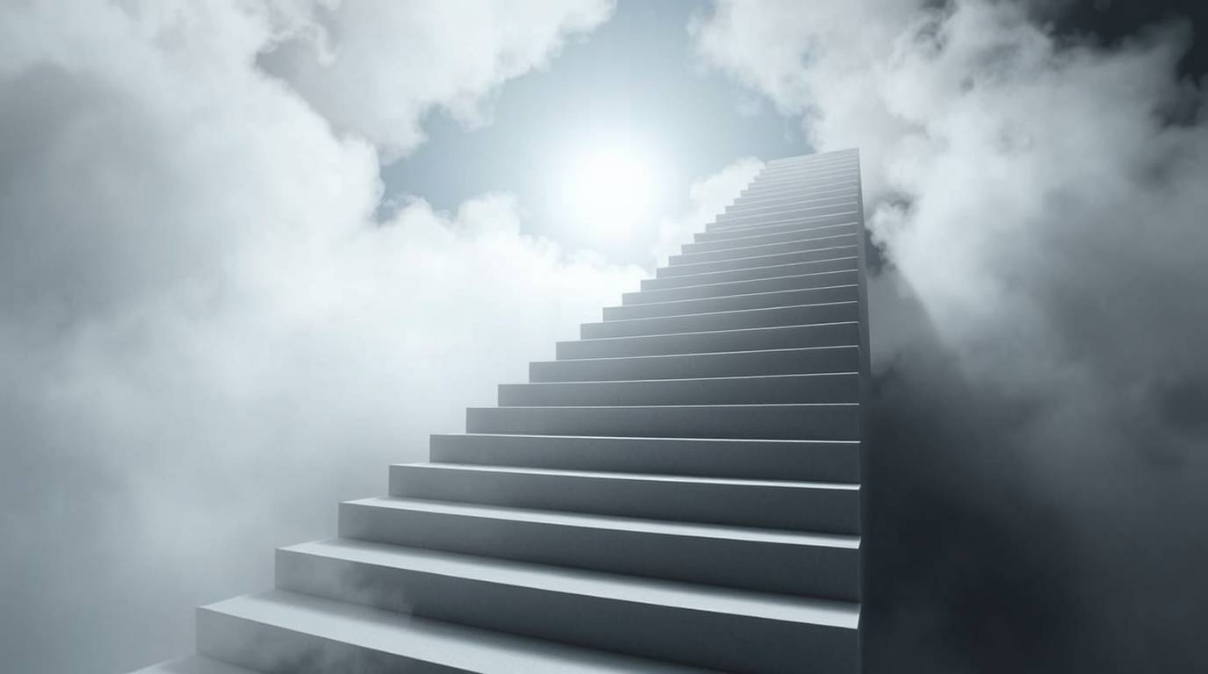 A surreal origami stairway ascends through thick fog towards a celestial light, symbolizing spiritual awakening.  This visual