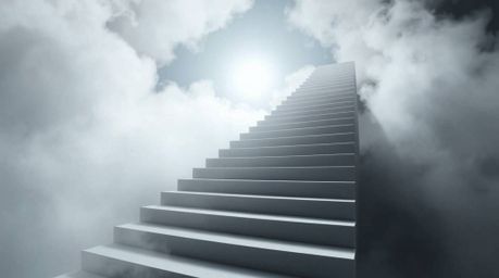 A surreal origami stairway ascends through thick fog towards a celestial light, symbolizing spiritual awakening.  This visual